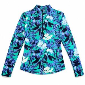 Tommy Bahama ACTIVE Womens XS Floral Rash Guard Teal Blue Long Sleeve Swim Top